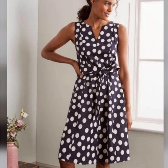 Boden Poplin Polka Dot Sleeveless Split Neck Belted Fit and Flare Midi Dress - Picture 1 of 14